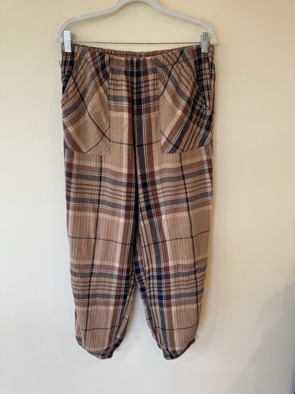 Aerie women’s gauze pants size M high waist brown plaid Loungewear grandmacore